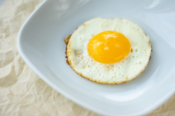 Round fried egg in the plate.