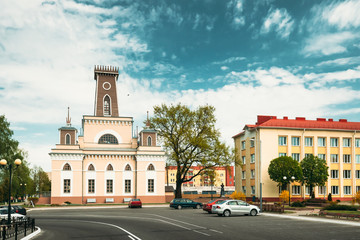 Fototapeta na wymiar Chachersk, Gomel Region, Belarus. Famous Landmark - Old City Hall In Spring Day In Chechersk. Town Hall.