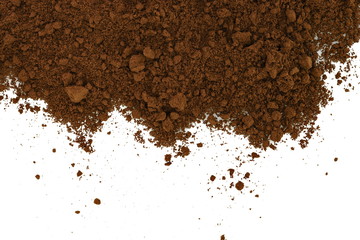 Coffee powder isolated of white background. A little coffee over a white surface. Milled coffee.