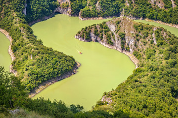 Amazing canyon with the curving river Uvac, Pester plateau, southwestern Serbia in sunny day