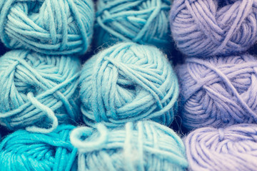 Balls of blue yarn.  Colorful threads for needlework