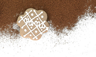 Coffee background with christmas cookie (gingerbread) isolated on white.