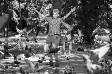 Happy caucasian child of ten years old playing with group of many city doves in green summer or...
