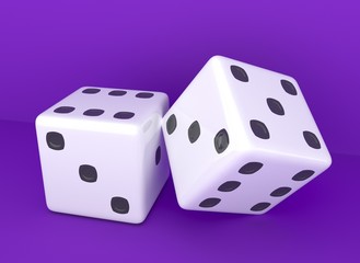 3D rendering. Dices with points on purple background