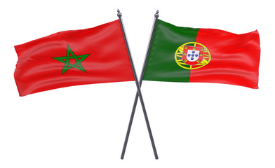 Morocco and Portugal, two crossed flags isolated on white background. 3d image