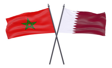 Morocco and Qatar, two crossed flags isolated on white background. 3d image