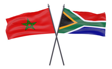 Morocco and South Africa, two crossed flags isolated on white background. 3d image