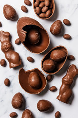 Chocolate easter eggs and bunnies on a marble background