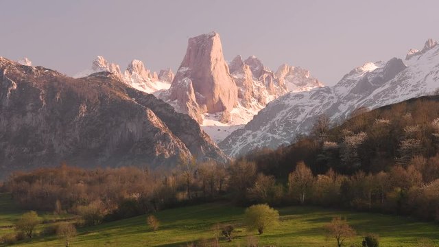 View of Naranjo de Bulnes also known as Picu Urriellu mountain peak at sunset. Asturia, Spain.