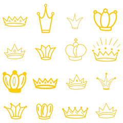 Sketch Crown. Big Set Crowns. Elegant queen royal tiara, king crown isolated white background. Collection vector crowns illustration in yellow, gold color. Princess decoration element. Bridal jewelry