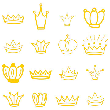Sketch Crown. Big Set Crowns. Elegant queen royal tiara, king crown isolated white background. Collection vector crowns illustration in yellow, gold color. Princess decoration element. Bridal jewelry