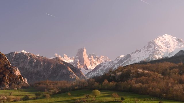 View of Naranjo de Bulnes also known as Picu Urriellu mountain peak at sunset. Asturia, Spain.