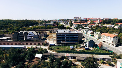 Aerial view of the building under construction in the city. Ukraine