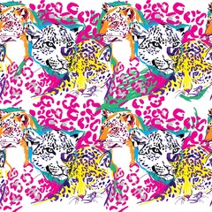 Obraz premium Seamless pattern with leopards. Big cats. Pop Art. Stylish colorful background. Summer print. Figured markers.
