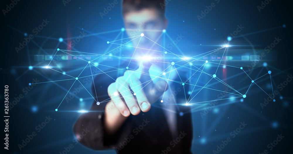 Aufkleber Man touching hologram screen displaying modern web system
