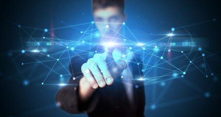 Man touching hologram screen displaying modern web system
