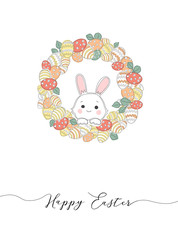 Happy Easter colorful lettering with Easter wreath, decorated eggs and bunnies. Modern Greeting Easter card.