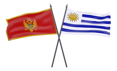 Montenegro and Uruguay, two crossed flags isolated on white background. 3d image