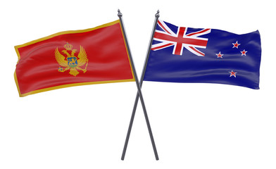 Montenegro and New Zealand, two crossed flags isolated on white background. 3d image