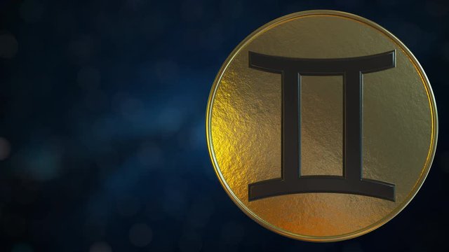 Gold token with Gemini Zodiac sign. Loopable motion background
