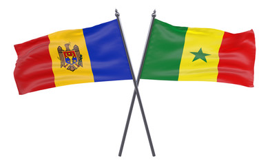 Moldova and Senegal, two crossed flags isolated on white background. 3d image