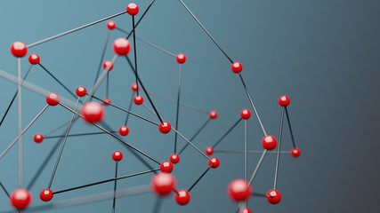 Red spheres on blue background, concept of network. 3D Rendering