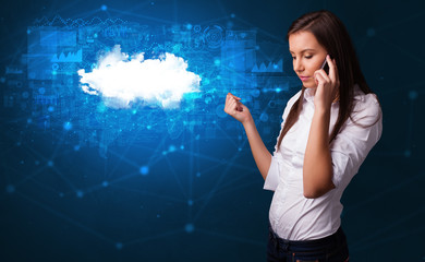 Person talking on the phone with blue cloud technology concept

