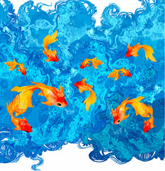 Drawing - goldfish on a background of blue wave with ornaments