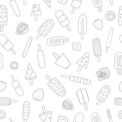 Vector seamless pattern of black and white ice cream. Monochrome ice repeat background. Linear art dessert on white background. Vintage  doodle style backdrop