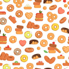 Vector seamless pattern of colorful doughnuts. Bright donut repeat backdrop. Repeat texture of sweet bakery goods. Cheerful drawing of cakes