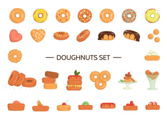 Vector illustration of colorful doughnuts. Bright donuts set. Cheerful collection of sweet bakery goods. Drawing of cakes with glazing and sprinkles isolated on white background