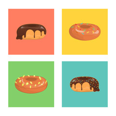 Vector set of colorful doughnuts. Colored donuts on blue, green, yellow, pink background. Bright and cheerful illustration in colorful blocks