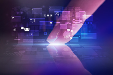 Finger touching tablet with global database concept and dark background
