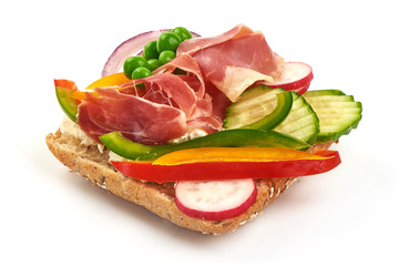 Ham, Jamon or Prosciutto open sandwich, close-up, isolated on white background