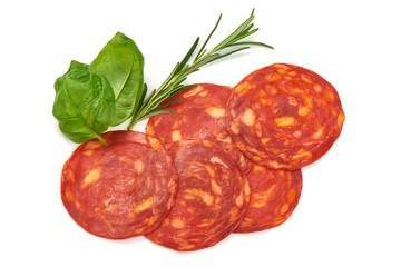 Sliced tasty chorizo sausage, top view, isolated on white background