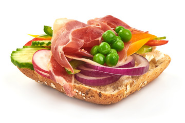 Jamon, Ham, Prosciutto, open sandwich, close-up, isolated on white background