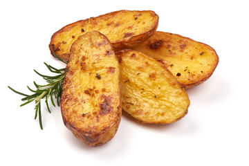 Fry country style potato wedges, baked potatoes, close-up, isolated on white background