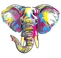 The head of an African elephant. Elephant with a raised trunk. Drawing markers, pop art. Stylish poster.