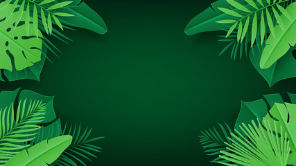 Fototapeta na wymiar Summer banner with tropical leaves. Vector illustration with tropical leaves in paper cut style on dark green background.