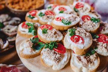 festive salty buffet, fish, meat, chips, cheese balls and other specialties for celebrating weddings and other events
