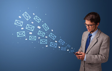 Businessman using phone with online communication concept around
