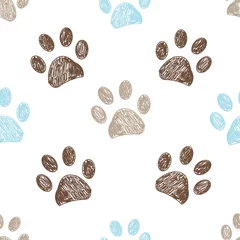 Tuinposter Honden Naadloze patroon voor textielontwerp. Naadloze bruin en blauw gekleurde pootafdruk achtergrond