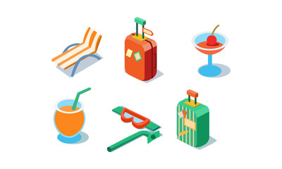 Vector set of isometric travel icons. Beach chair, drinks, luggage, tube and mask for swimming. Summer vacation items