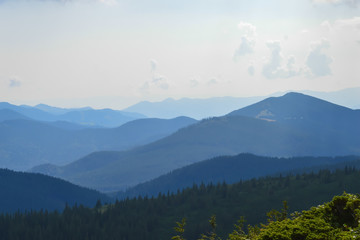 Panoramic view on way to Hoverla, Carpathian mountains, Ukraine. Horizontal outdoors shot