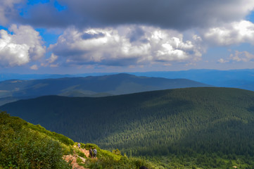 Panoramic view on way to Hoverla, Carpathian mountains, Ukraine. Horizontal outdoors shot