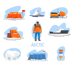 Expedition to the Arctic set, polar explorer, research station, snowmobile, ice breaker, crossroad direction post vector Illustration on a white background © topvectors