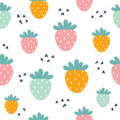 Seamless pattern with colorful strawberry. Kids summer print. Vector hand drawn illustration.
