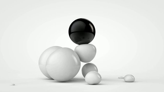 3D animation of rubber, elastic white balls that are attracted to black.