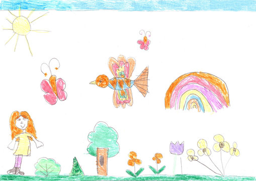 Child's drawing of a happy girl on a walk outdoors