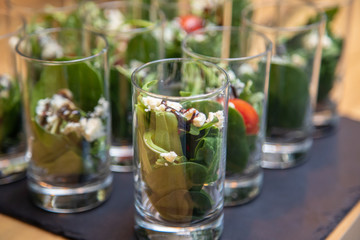 Beautifully decorated catering banquet table with different food snacks